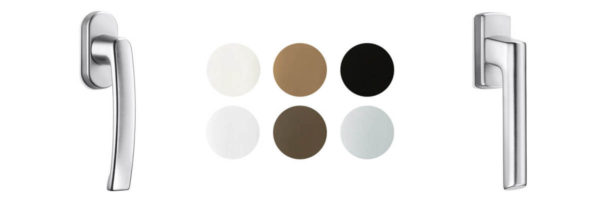 Two chrome window handles beside colour swatches in white, brown, black and grey