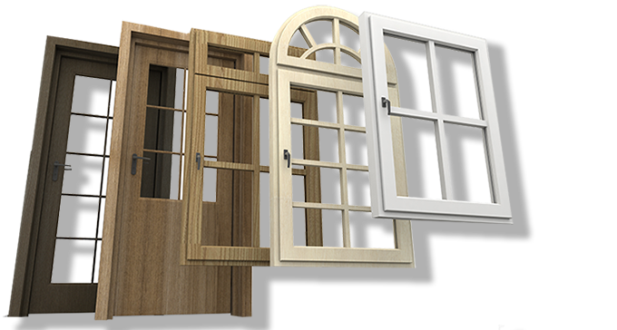 Selection of wood-grain and white doors and windows with arched and grid designs