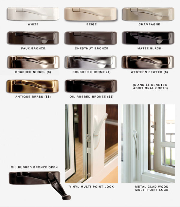Chart of window handle finishes with colour options