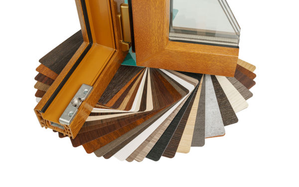 Fan of window frame colour and wood-grain foil finish samples