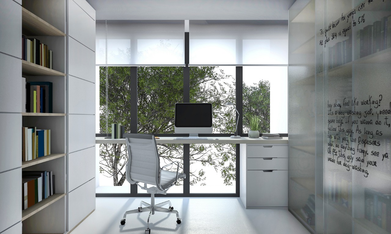 Home office with a desk, shelves and a large window